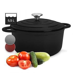 Klarstein Cocotte en Fonte, Four Néerlandais, 5,5L en Fonte, Casserole Fonte, Marmite à Induction, Sauteuse, Noir