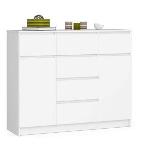 Commode Akord K017 Blanche 120 cm 2 portes 6 tiroirs façade Blanche 4 étagères 120x40x99 cm