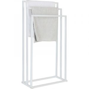 Relaxdays Porte-serviettes sur pied, H x L x P : 84 x 44 x 21,5 cm, m&eacute;tal, 3 barres, salle de bains, blanc