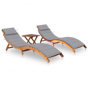 VidaXL Chaises longues 2 pcs avec table et coussins Acacia solide - Gris