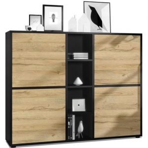 Vladon Buffet haut Armoire Cabinet Commode Cuba V3 Noir mat - haute brillance - Portes en Chêne Nature sans éclairage LED - Portes en Chêne Nature