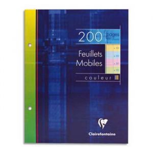 Lot de 5 Etui 200 feuillets mobiles (100 Fls), Format 17 x 22 cm, Grands carreaux seyès, 50 pages à la couleur : bleu, rose, vert,jaune