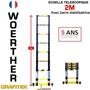 Echelle t&eacute;lescopique 2m Woerther avec barre stabilisatrice - Charge maximal 150Kg - Garantie 5 ans