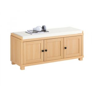 Sobuy Banc à Chaussures, Banc de Rangement à Chaussures, Meuble à Chaussures, Meuble Bas Entrée avec coussin rembourré, 3 Portes et 4 Compartiments