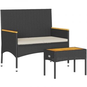 VidaXL Banc de jardin - 2 places - R&eacute;sine tress&eacute;e - Coussins inclus - Table basse noire
