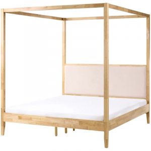 Beliani Lit &agrave; Baldaquin Minimaliste en Bois 160 x 200 cm T&ecirc;te de Lit Rembourr&eacute; Marron Clair Haillicourt