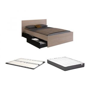 Lit avec 2 tiroirs 160 x 200 cm - Coloris : Naturel et noir + Sommier + Matelas - VELONA