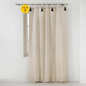 Cdaffaires - Lot de 2 rideaux tamisant a passants + pompons 140 x 240 cm polycoton Cyrine Beige