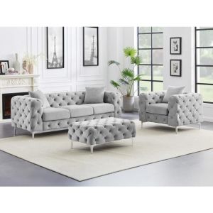 Vente-unique - Canapé 3 places, fauteuil et pouf chesterfield en velours gris clair edwina