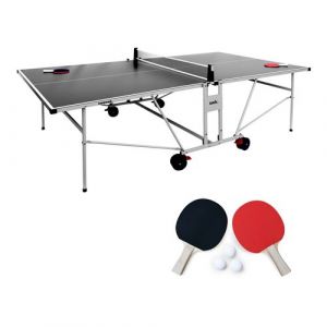 Sweeek | Table de ping pong OUTDOOR grise - table pliable avec 2 raquettes et 3 balles pour utilisation extérieure sport tennis de table