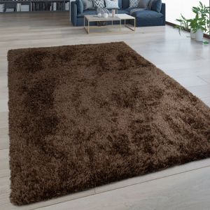 Tapis Salon Poils Longs Lavable Shaggy Aspect Flokati Uni Brun 140x200 cm - Paco Home