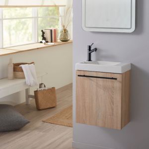 Planetebain Meuble lave-mains finition bois oak bordolino avec mitigeur noir et poignée noire