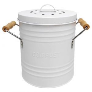 Je Cherche une Idée ME0025, Poubelle à Compost Metal Couvercle Et Poignees, design rétro et élégant, Capacité de 4 litres, Couvercle avec filtre, Poignées en bois pratiques