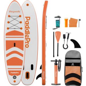 LifeGoods PaddlePro SUP Board - Planche à pagaie gonflable - Ensemble complet - Max. 135KG - 320x81cm - Blanc/Orange