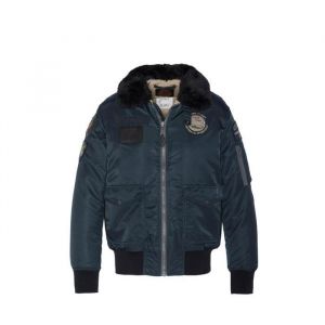 Schott NYC Mixte Oharavintrs BLOUSON PILOTE AVEC BADGES ET COL FAUSSE FOURRURE AMOVIBLE, NAVY, M EU