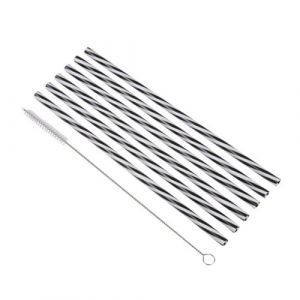 Homéa, Set de 6 Pailles en Plastique Réutilisable Rayures Noir et Blanc 23 cm + Brosse