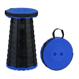 Relaxdays Tabouret télescopique, HLP : 44,5x25x25, réglable, avec bandoulière, siège rétractable, noir et bleu
