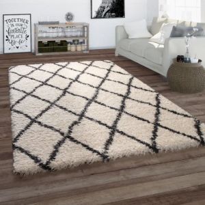 Image de Paco Home - Tapis Pour Salon, Tapis Poils Longs Look Scandinave, Losanges, Beige 120x160 cm