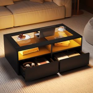 Table basse 100 x 50 x 35 cm - Avec &eacute;clairage LED - 2 tiroirs - Plateau en verre - Rangement ouvert - Noir