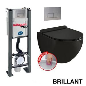 Wirquin Pack Complet WC Sans Bride Bati Autoportant + Cuvette Noir Brillant sans bride + Plaque Inox DESIGN