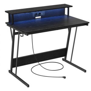 Bureau - VASAGLE - Noir Boisé - LED - Multiprise - 2 Ordinateurs - Chambre - 60 x 100 x 76 cm