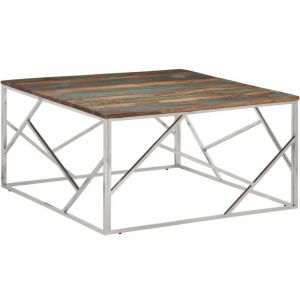 VidaXL Table basse argent&eacute; acier inoxydable/bois massif r&eacute;cup&eacute;ration, table d'appoint, bout de canap&eacute;, table d'accent, table de salon, table centrale