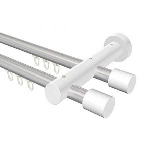 Flairdeco Tringle à Rideaux à 2 Voies en Aluminium et Bois avec Capuchon BlancGris argenté 20 mm Ø 100 cm