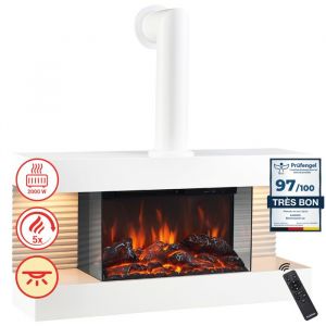 KAMINIO Cheminée électrique LIZ avec conduit -Cheminée murale avec chauffage, flamme 3D, éclairage LED Ambilight, télécommande-Blanc