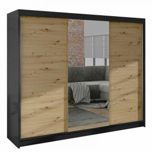 Armoire Atlanta 159, Noir + Chêne Artisan, 215x200x58cm, Portes d'armoire: Glissement - Noir + Chêne Artisan