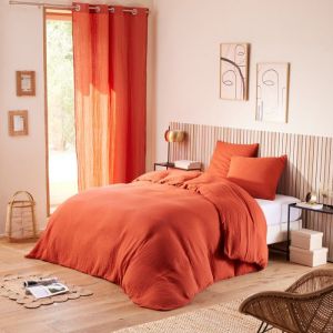 Coton Pur - Pack Housse de couette + Drap housse + 2 Taies d'oreiller en Gaze de Coton terracotta - pour lit 140x190 cm