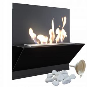 Kratki Besta Cheminée d'Intérieur Bioéthanol + Galets + Entonnoir de Remplissage | Récipient Mural Biosécurisé 0.25 l Certifié TÜV, Acier Enduit de Poudre, Noir, 45 x 45 cm