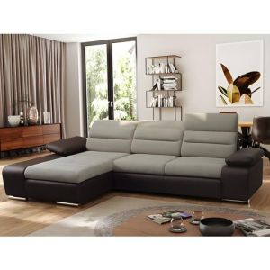 Canapé d'angle convertible en tissu et simili MIRABEAU - Bicolore beige/marron - Angle gauche