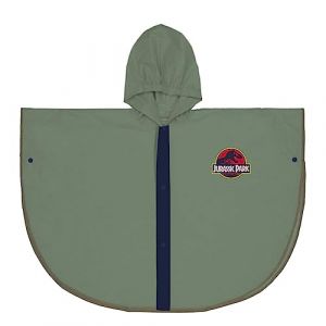 Poncho de Pluie Imperméable Jurassic Park pour Enfant - Taille 3/4 ans - Vert avec Capuche et Bords Noires - en PVC avec Fermeture à Boutons - Produit Original Conçu en Espagne