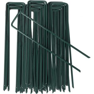 Image de 100 Pcs Piquets De Fixation En Acier Galvanisé Pour Toile De Paillage, 150x25mm, Ø 3mm,Piquets De Jardin En Forme De U,Agrafes De Fixation Au Sol, Antirouille, Argent, Vert