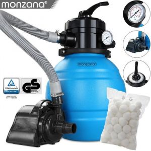 Monzana Pompe filtre &agrave; sable 4.500 l/h syst&egrave;me filtration 100W IPX5 eau piscine boules filtrantes 320g inclus vanne 4 voies fonctions bassin