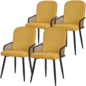 ML-Design Lot de 4 Chaises de Salle &agrave; Manger en Tissu Moutarde, Accoudoirs en Rotin et Pieds en M&eacute;tal Noir, Assise Rembourr&eacute;e Confortable, Fauteuils