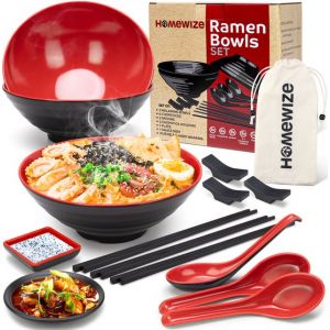 Homewize Ramen Bowl 3x - Set 14-Piece - Noodle Bowl Set with Soup Spoons & Chopsticks - Strong & Dishwasher Japanese Melamine Dinnerware - Stylish Noodle Bowl Set for 3 - Durable Gift