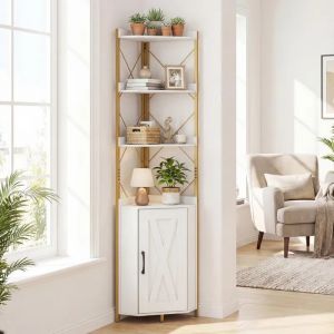 Biblioth&egrave;que d'Angle Blanc 180CM COSTWAY, Rangement &agrave; 5 &Eacute;tag&egrave;res, Garde-Corps Anti-Chute, Kits Anti-Basculement, pour Salon Cuisine