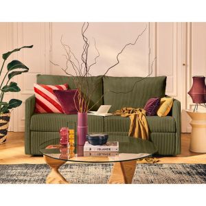 Ottawa - canap&eacute; 3 places convertible express couchage quotidien 140 cm matelas 12 cm en velours c&ocirc;tel&eacute; - Vert