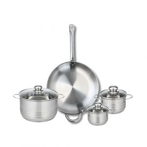 Elo 9873750 Batterie de cuisine 4 pièces, Ensemble de 1 Poêle de cuisson 32 cm et 3 faitouts 12, 14 et 20 cm Profi Brillant, inox, induction