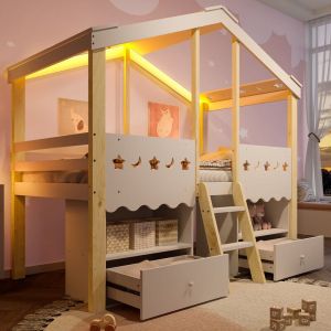 Lit mezzanine enfant 90x200 cm - forme maison - avec 2 tiroirs - avec bande lumineuse LED - blanc + naturel (matelas non inclus)