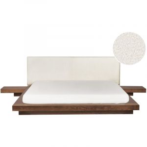 Beliani Lit Japonais Tête de Lit Bouclé avec 2 Tables de Nuit 180 x 200 cm Marron Zen