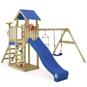 Wickey Aire de Jeux MultiFlyer Light, portique en Bois avec balançoire et Toboggan Bleu, Tour d'escalade pour Enfants avec bac à Sable, échelle et Accessoires de Jeu pour Le Jardin