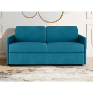 Canapé 3 places convertible express en tissu bleu turquoise - Couchage 140 cm - Matelas 22 cm CALIFE