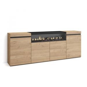 Buffet salon et cuisine, Meuble de Rangement, Commode, 200x75x35cm, 4 Portes, Cheminée électrique, Style moderne, Chêne et noir - Skraut Home