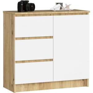 Commode Akord jerry Chêne Artisan 80 cm 1 porte 3 tiroirs façade Blanche 2 étagères 80x35x77 cm
