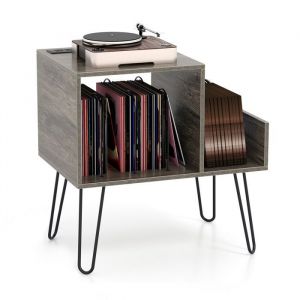 Meuble Tourne-Disque Vinyle avec Prise, Support Tourne-disque pour 145 Albums, Station de Charge, 2 Ports usb, 4 Pieds Amovibles, 3 Séparateurs,