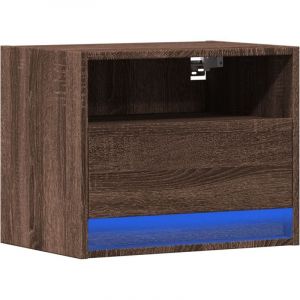 VidaXL Table de chevet murale avec lumi&egrave;res LED ch&ecirc;ne marron, table de chevet flottante, support de t&eacute;l&eacute;phone, table de chevet &agrave; LED