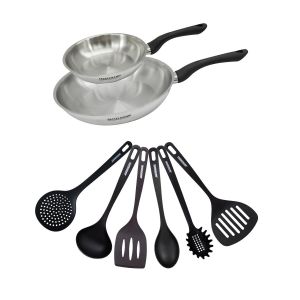 Fackelmann 9442350 Set 2 poêles 20 et 28 cm en inox 18/8 et 6 ustensiles RPET, Poêle de cuisson, tous feux, Poêle induction, Poêle sans PFAS, Acier inoxydable 18/8, RPET, 20 et 28 cm