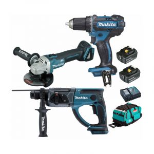 Makita Pack 18V 5Ah: Perceuse 62Nm DDF482 + Meuleuse 125mm DGA504 + Perforateur 2J DHR202 + 2 batteries + sac